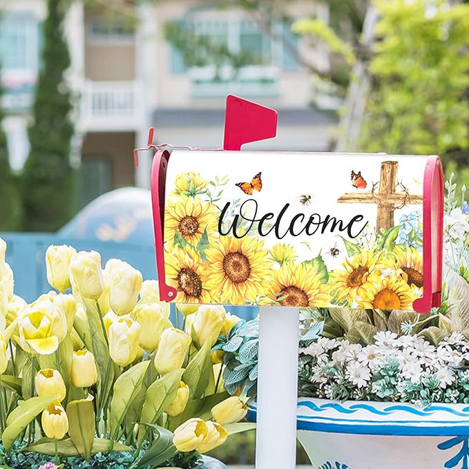 Summer Welcome Sunflower Mailbox Cover Magnetic Standard Size 25.5" X 21" Flower Wraps for Post Letter Box Decor Outside Garden Yard Home Outdoor Decoration