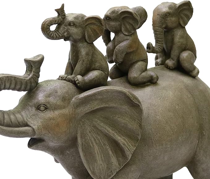 Nature's Mark 8" H 3 Baby Elephants Riding an Elephant Resin Statue Figurine Home Decorative Accent Decor (Gray)
