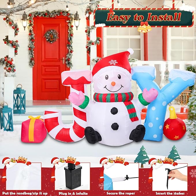 Christmas Inflatable Outdoor Decorations, Inflatable Snowman and Joy Built-in LED Lights Blow Up Yard Decorations for Holiday Indoor Outdoor Party Garden Lawn