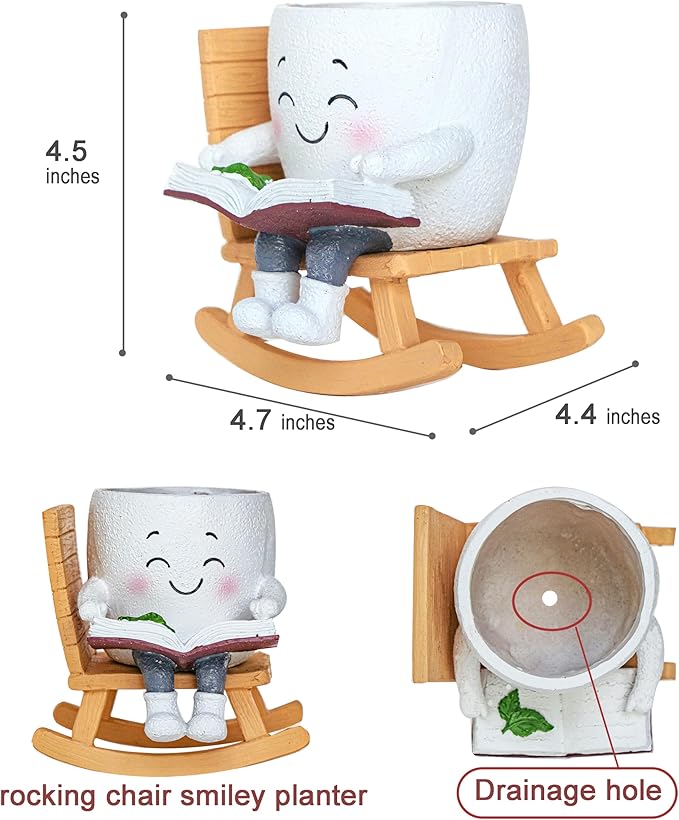 Rocking Chair Smiley Face Planter with Drainage Hole, Cute Plant Pots for Indoor Outdoor Plants,Unique Flower Pot for Succulents, Gift for Mother's Day, Birthday, Christmas(White)
