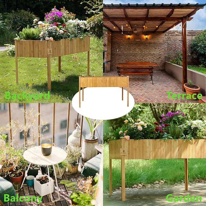 Bamboo Raised Garden Bed, Planter Boxes Outdoor, Garden Boxes Outdoor Raised. Standing Growing Bed for Growing Fresh Herbs, Vegetables, Succulents, Flowers (48x25x30 Inch)