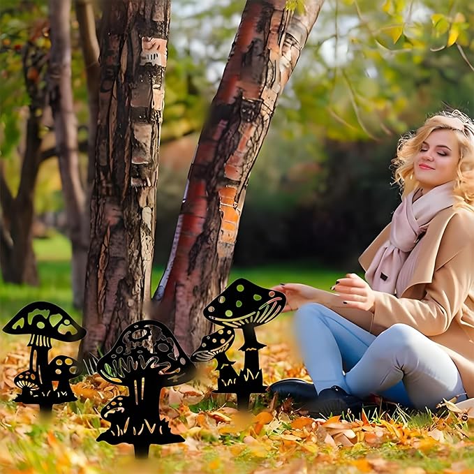 Decorative Mushroom Garden Stakes Black Garden Fairy Tale Mushroom Garden Stakes Metal Silhouette Art, Set of 3 (3, Matte Black)