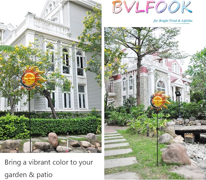 Solar Light Outdoor Garden Decoration Colorful Metal & Glass Sun Moon Star Garden Stake Decorative Waterproof Warm White LED Yard Decor for Pathway Lawn Patio Backyard