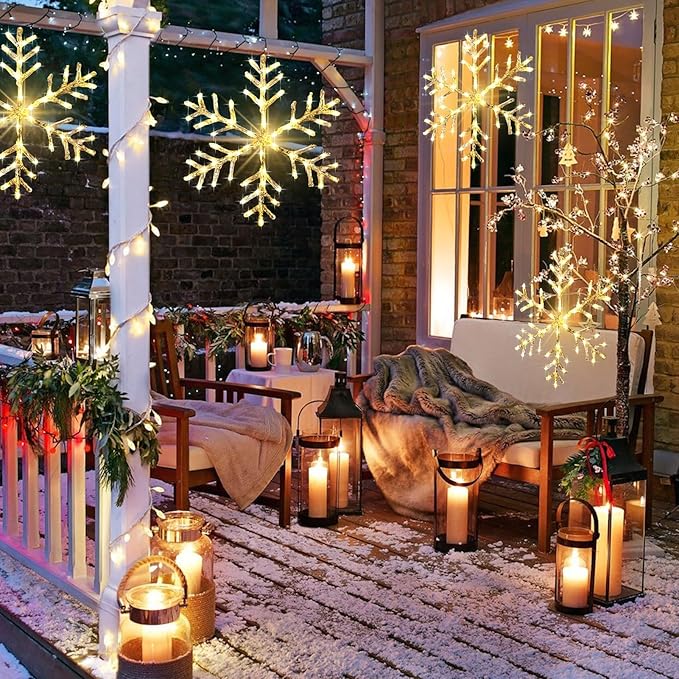 Christmas Window Snowflake Lights Decorations, Battery Operated Led Hanging Iron Lights, 8 Lighting Modes for Home Bedroom Indoor Outdoor Wall Holiday Decor (Warm White, 2 Pack)