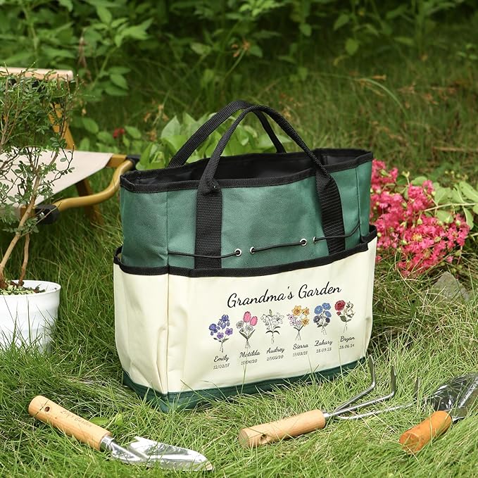 Personalized Garden Tools Set for Women: Custom Text Garden Tool Bag and Garden Shovel & Transplant Shovel & Hand Rake - Gardening Gifts for Mom Grandma Gardening Lover (6 Flowers)
