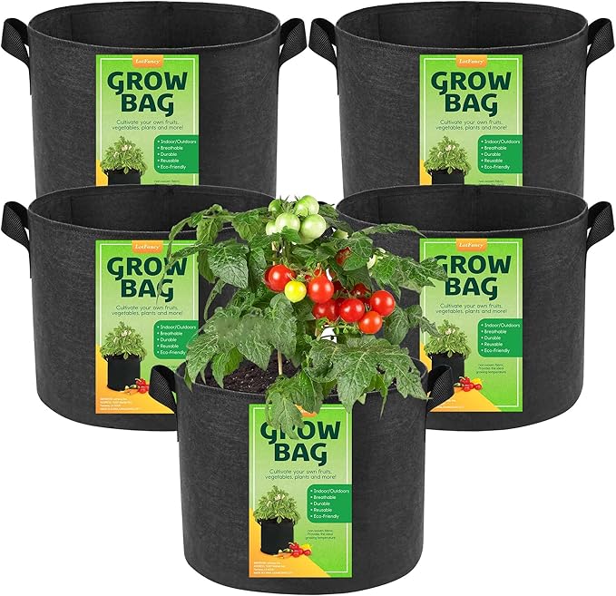LotFancy 5 Pack 5 Gallon Grow Bags, Thickened Nonwoven Fabric Pots with Reinforced Handles, Heavy Duty 300G Aeration Planter Bags for Vegetables Flowers Fruits, Black