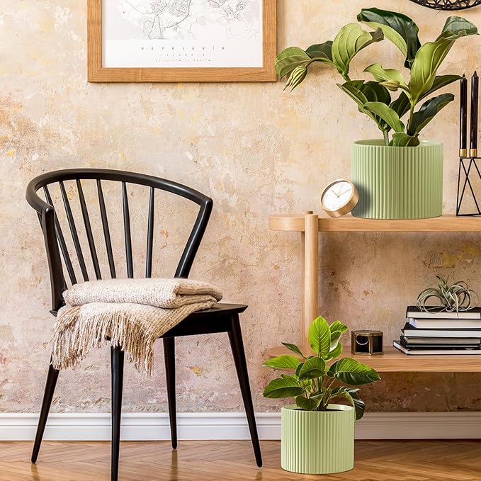 Ceramic Plant Pots, 8.1 + 6 Inch Planters for Indoor Plants, Modern Flower Pot for Plant with Drainage, Medium Cylinder Flower Pots for Indoor/Outdoor, House Plants, Matte Green
