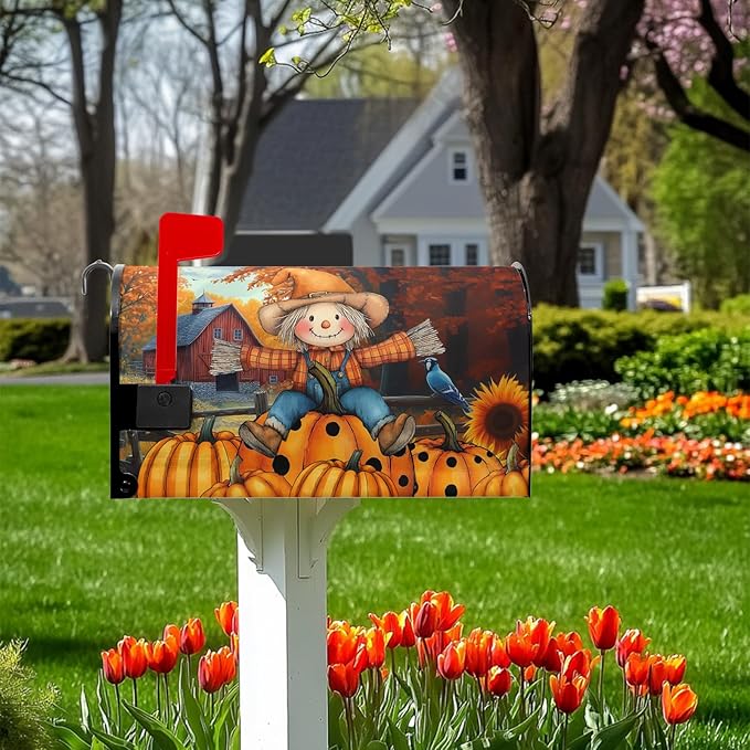 Fall Mailbox Covers Magnetic Scarecrow Pumpkin Mailbox Cover Standard Size 21x18 inch Harvest Autumn Sunflower Post Letter Box Cover Wrap for Outdoor Garden Decor Maple Leaves