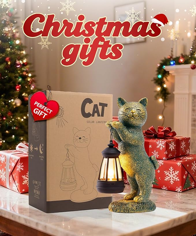 Nacome Christmas Cat Outdoor Statues for Garden: Outside Decor with Lantern Clearance for Yard Art Lawn Ornaments Porch Patio Balcony - Birthday Gifts for Grandma Mom Women