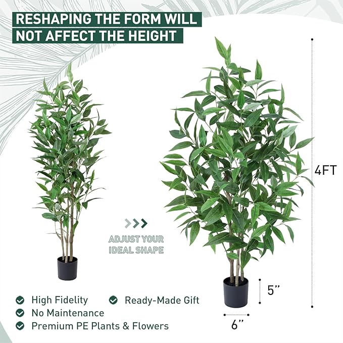 Artificial Eucalyptus Tree, 4ft Tall Fake Silk Plants with Pot, Lifelike Leave and Braches, Realistic Artificial Plants for Home Office Living Room Decor Indoor