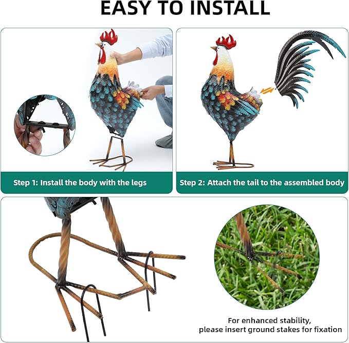 32" Metal Rooster Decor, Outdoor Garden Statues, Metal Chicken Sculpture for Backyard Patio Kitchen Decor