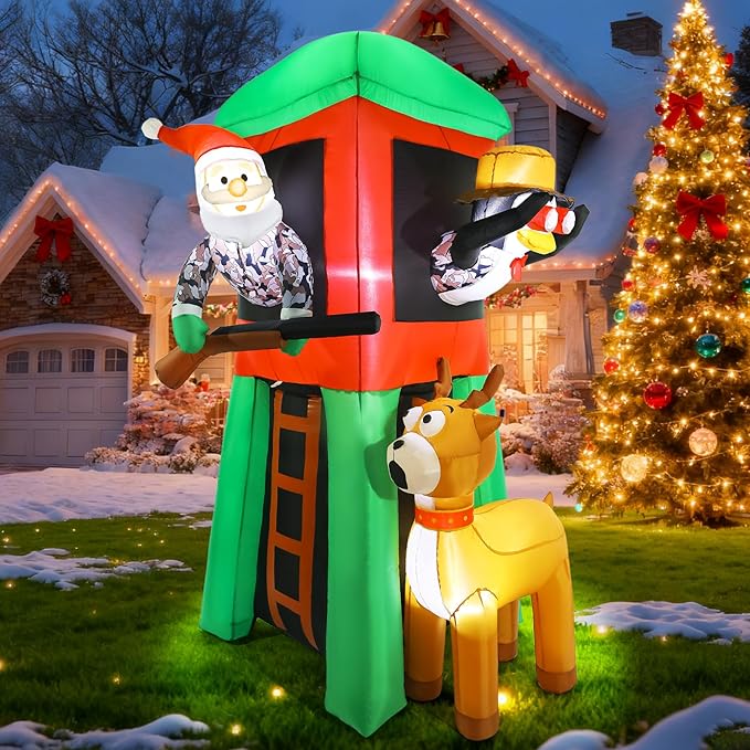 Christmas Inflatable Outdoor Decorations, 7FT Inflatables Camouflage Santa Claus Deer Hunter Yard Decor with Penguin, LED Lights Blow up Giant Reindeer for Holiday Indoor Outside Lawn Garden