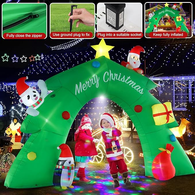 16FT Christmas Tree Arch Inflatable Christmas Decoration with LED Lights and Kaleidoscope Lights for Holiday Celebration Decorations on Yard, Lawn and Patio