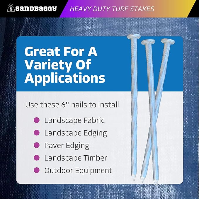 Sandbaggy 6" Heavy Duty Galvanized Artificial Turf Stakes - Spiral Landscape Nails - Ground Spikes/Pins for Synthetic Grass, Lawn, Edging, Weed Barrier Fabric, Garden (6 inch - Heavy Duty, 100, Count)