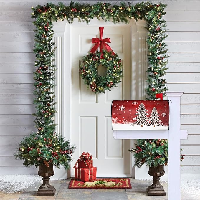 Merry Christmas Winter Pine Tree Mailbox Covers, Xmas Snowflake 25.1" Lx 21" W Magnetic Mailbox Covers, Mailbox Wrap Post Letter Box Cover Mailbox Post Cover for Outdoor Decor