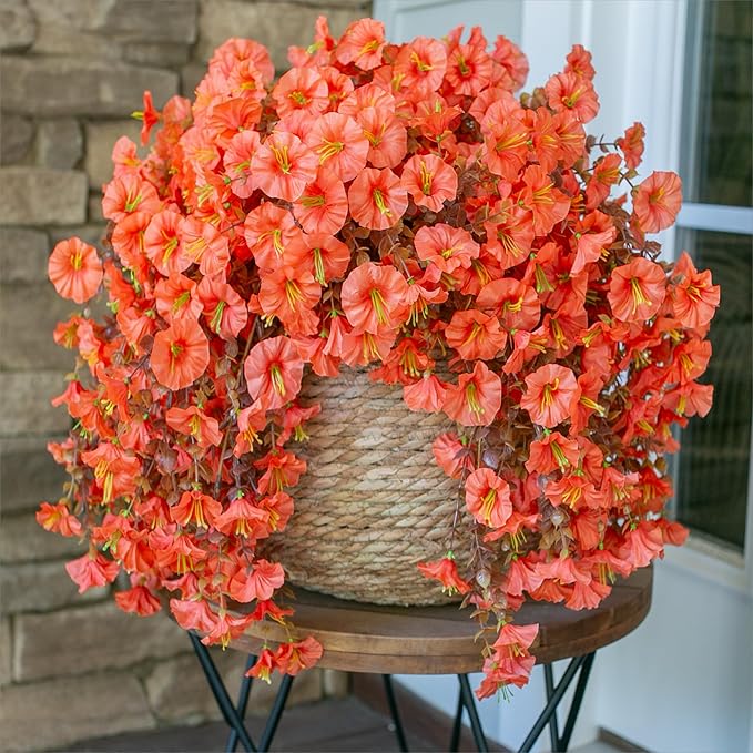 Ivydale 2 PCS Artificial Fall Hanging Flowers Fake Plants Outdoor,Silk Morning Glory Faux Flowers with Eucalyptus Leaves,UV Resistant Realistic Mums Plants for Home Garden Decor (Orange)
