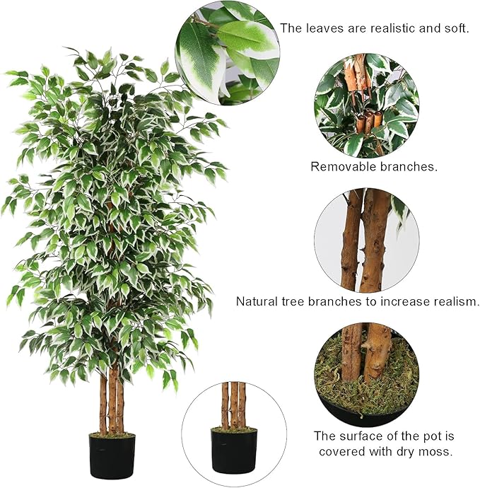 GTIDEA 2 Pcs 6ft Ficus Artificial Trees, Tall Faux Trees Indoor with Natural Trunk and Fake Silk Tree Fake Plants for Home Winter Decor Living Room Outdoor Balcony House Office (Included Dried Moss)