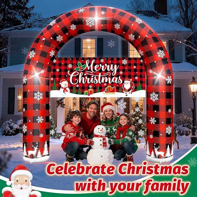 8 FT Giant Inflatable Inflable Merry Christmas Arch Decoration with LED Lights, Blow Up Decor for Outdoor Yard Lawn Sign Backdrop (Buffalo Plaid Porch)