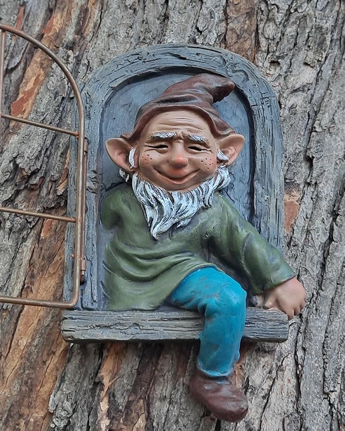 Gnome Tree Faces Statue Decor, 13 Inch Fairy Elf on The Shelf Door Whimsical Decorations, Yard Art Hugger for Garden Accessories Outdoor Wall