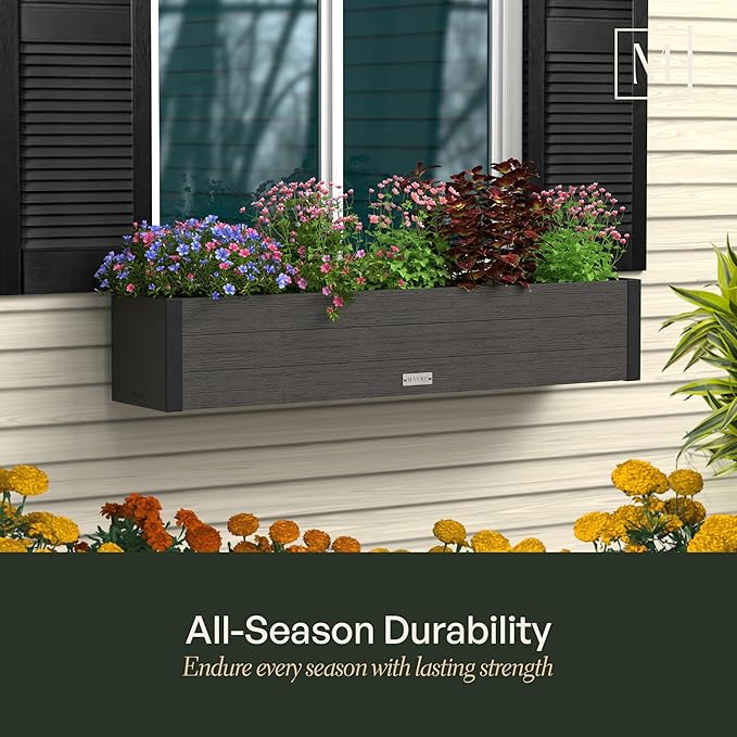 Mayne Horizon 3FT Window Box Planter – Modern Rectangular Faux Wood Grain Design for Windows, Durable All-Season Outdoor Flower Box with Drainage, Easy Installation