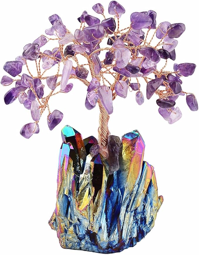 mookaitedecor Amethyst Crystal Tree, Quartz Cluster Rainbow Titanium Crystals Base Bonsai Money Tree for Wealth and Luck