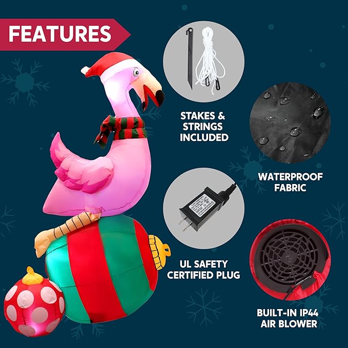 Joiedomi 6 ft Christmas Inflatable Flamingo on Ornament Decorations, Blow Up Inflatables with Build-in LEDs for Christmas Party Indoor, Outdoor, Yard, Garden, Lawn Décor, Holiday Season