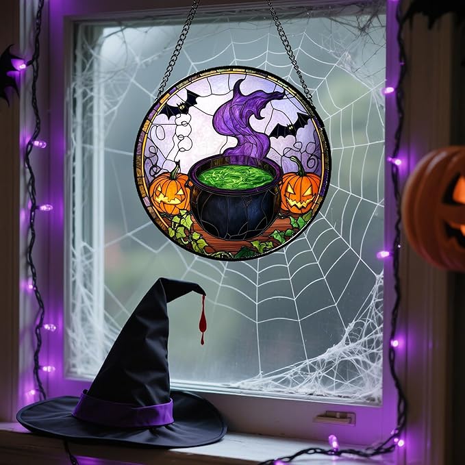 Stained Glass Window Hanging Halloween Scary Pumpkin Bat Magic Liquid 9.8" - Suncatcher Door Garden Sun Catcher Gothic Home Decor Birthday Horror Gifts for Mom Men Woman Friend