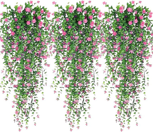 Artificial Hanging Flowers, 3 Pcs Fake Hanging Plants Artificial Vines for Outdoors, Fake Ivy Vine UV Resistant No Fade Faux Plants for Indoor Outside Garden Patio Yard Greenery Decoration (Pink)