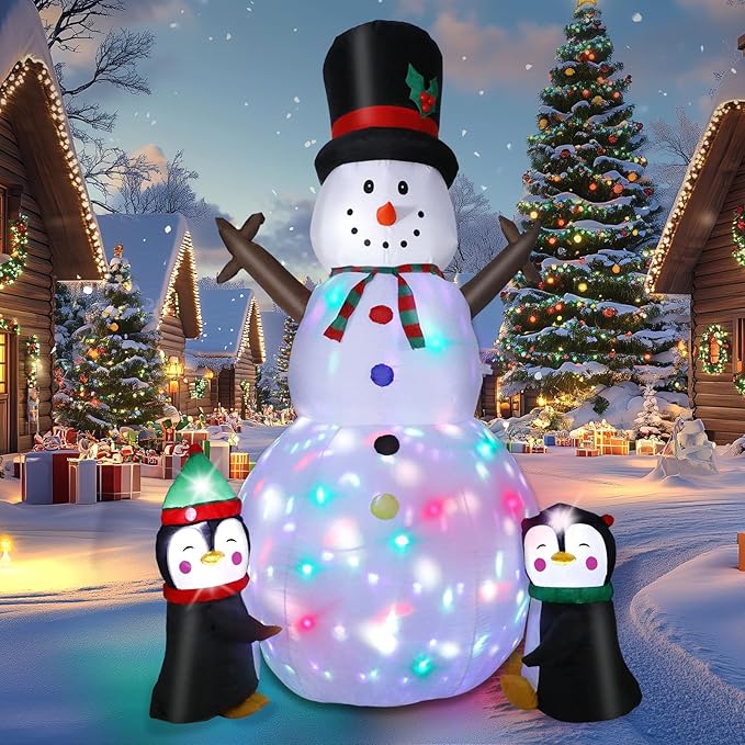 8FT Christmas Inflatable Snowman Outdoor Decorations, Christmas Blow up Snowman with Two Penguins Decoration, Built-in Colorful Rotating Lights for Holiday Xmas Party Lawn Yard Garden