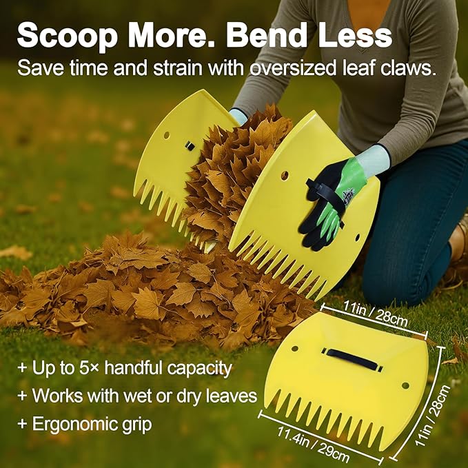 Leaf Cleanup Kit - Adjustable Metal Rake (36-73 in), 32-Gallon Self-Standing Yard/Garden Waste Bag with Support Hoop, Oversized Leaf Scoops (Leaf Claws) & 2 Pairs of Latex-Coated Gardening Gloves