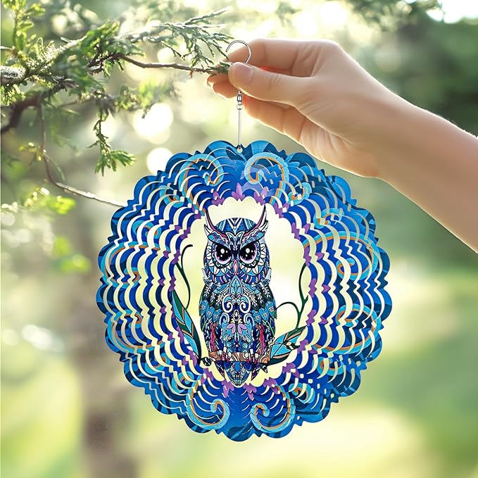 Owl Metal Wind Spinners Outdoor - 12 Inch Stainless Steel Hanging Wind Spinner for Yard Garden Art Decoration Surprising Gifts for Owl Lovers