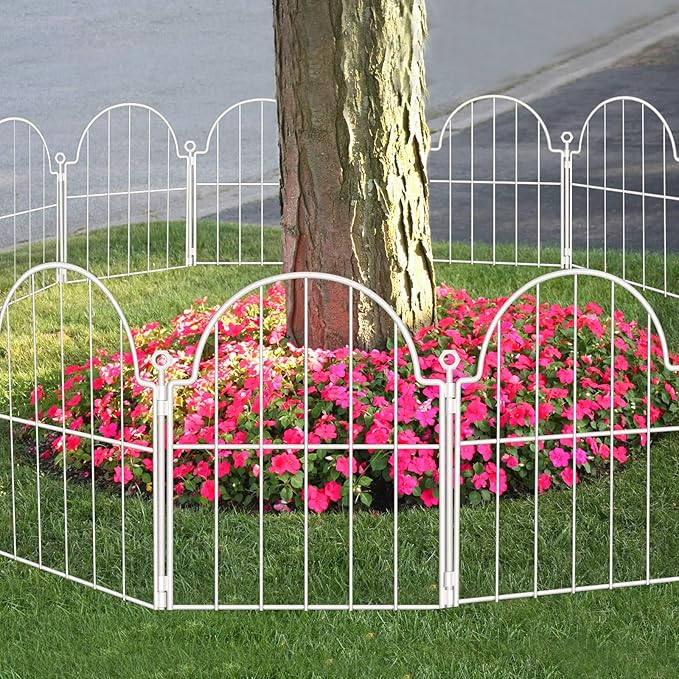 Decorative Garden Fence 17in (H) x 10ft (L), 10 Pack Metal No Dig Garden Fencing Animal Barrier for Dogs & Rabbit, Arched Flower Bed Edging Ornamental with Ground Stake for Yard & Patio, White
