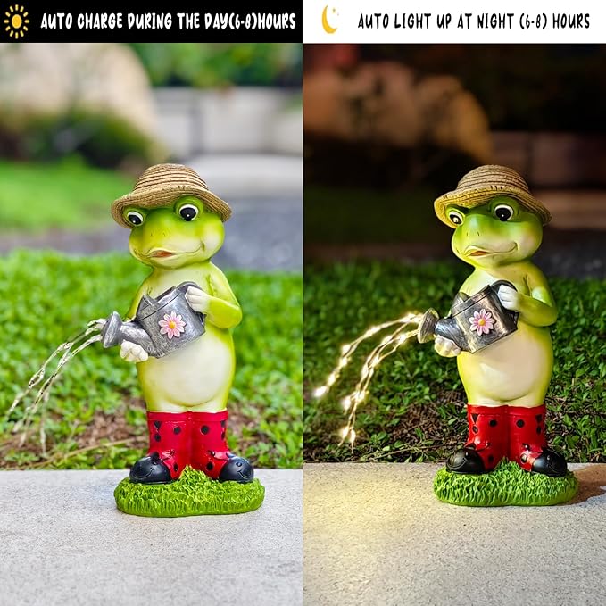 Solar Powered Frog & Mushroom Couple Statue, Outdoor Garden Decor with Romantic LED Lights, Waterproof Resin Sculpture Set for Lawn, Yard, Patio with Anti-Tip Stakes (Watering Frogs)