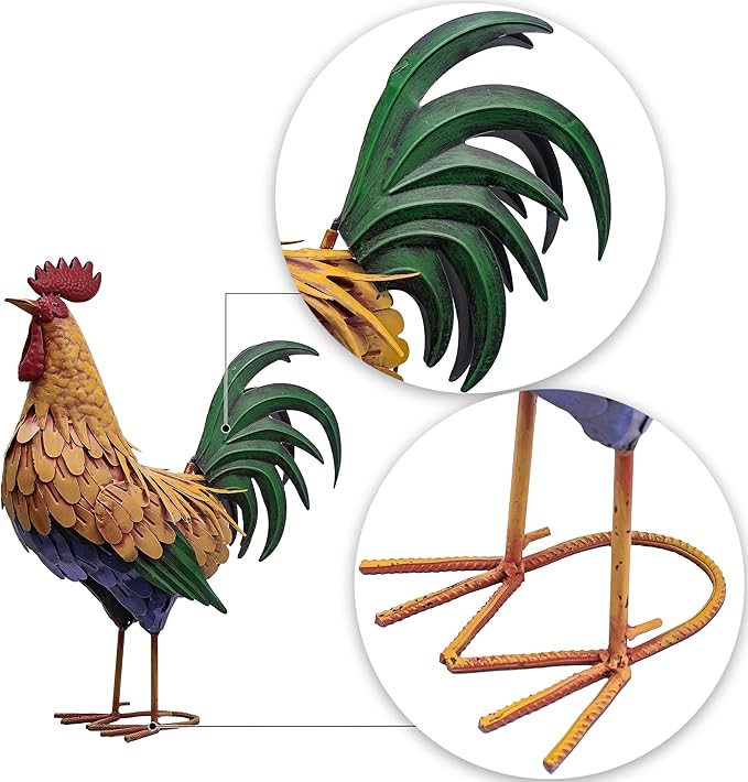 TERESA'S COLLECTIONS Garden Decor, Vivid Rooster Garden Decor with Colorful Painting, 12", Waterproof Metal Garden Statue, Rooster Gifts, Garden Gifts for Women Mom, Indoor/Outdoor