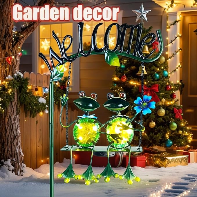 HONGLAND Solar Lights Outdoor Waterproof, Frog Swing Garden Decor, Frog Decorative Stake with Welcome Sign Landscape Patio Yard Gifts for Women Mom (48 inch)