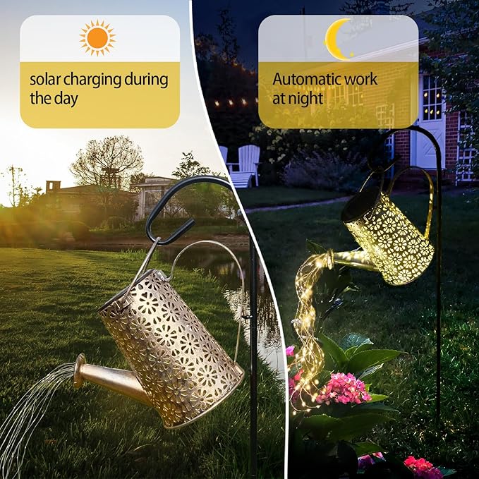 Solar Watering Can with Lights, Solar Lights Outdoor Garden Waterproof Metal Watering Can with Cascading Lights, Solar Lantern Decor for Garden Yard Patio, Gardening Present for Women Mom Birthday