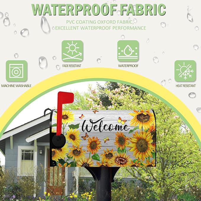 Summer Sunflowers Welcome Mailbox Covers Magnetic Standard Size Yellow Flower Mailbox Post Cover Spring Floral Mailbox Wraps Outdoor Decor for Garden Yard 21x18 Inch