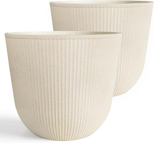 WORTH Garden Round Large Planter Pot Set of 2-17.5" Dia x 15.5" H - Durable Plastic Beige Plant Tree Pots with Vertical Stripe Textured Finish, Drainage Hole for Indoor, Outdoor, Front Porch, Patio
