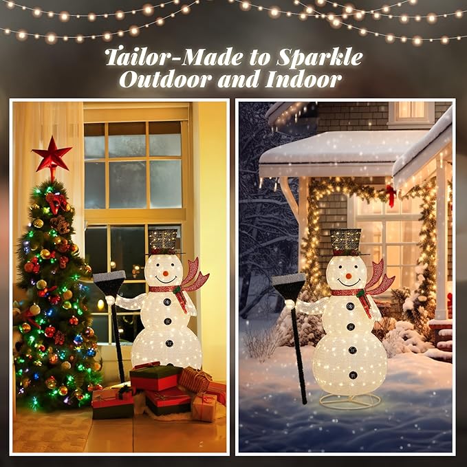 VINGLI 5FT Pop Up Lighted Snowman Christmas Decorations Outdoor Indoor, Prelit 200 Warm White LED Snowman with Broom & Stakes, Collapsible Xmas Yard Lawn Garden Front Porch Patio Holiday Decor