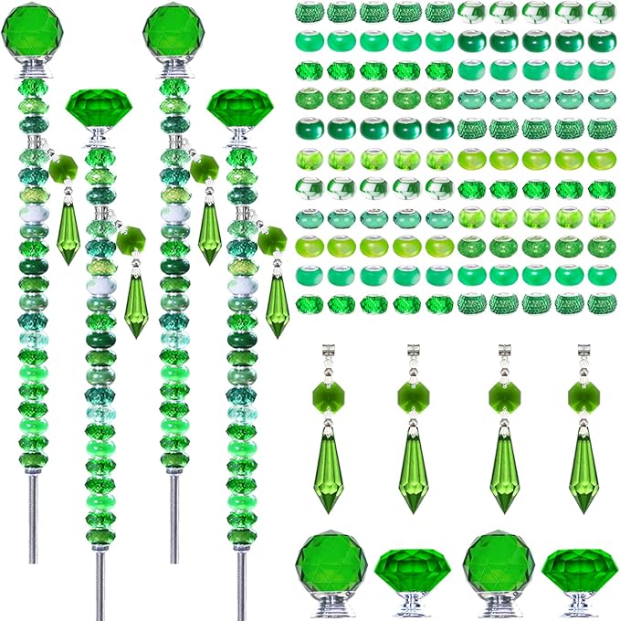 Exway 100 PCS DIY Fairy Wand Beaded Garden Stake Beads Kits with Green Large Hole Beads 4 Crystal Stopper Top Threaded Rods and 4 Green Sparkling Crystal Pendants for Outdoor Indoor Decor