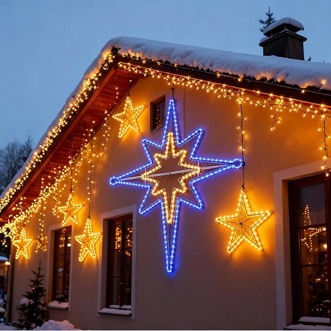 Outdoor Christmas Star of Bethlehem Large LED Star Window Plug Operated Lighted for Xmas Wall Window Indoor Outside Home Street Store Holiday Decorations(43'',Warm, Blue Light)