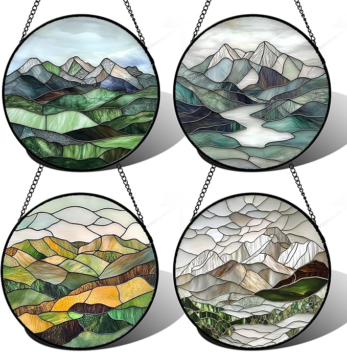 Stained Glass Window Hanging 4 Pcs Set Mountain River Landscape 7.8" - Suncatcher Door Garden Sun Catcher Decor Birthday Mother's Day for Mom Woman Nana Girl Boy Friend