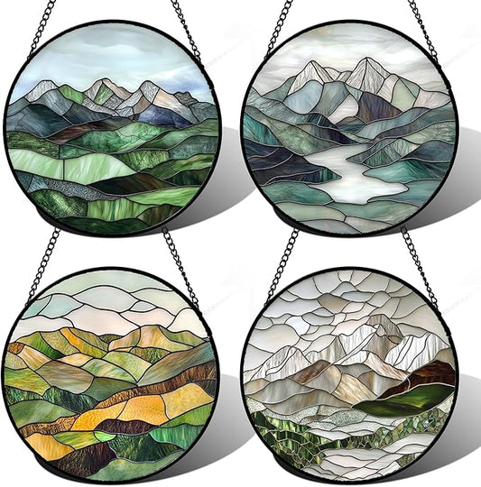 Stained Glass Window Hanging 4 Pcs Set Mountain River Landscape 7.8" - Suncatcher Door Garden Sun Catcher Decor Birthday Mother's Day for Mom Woman Nana Girl Boy Friend