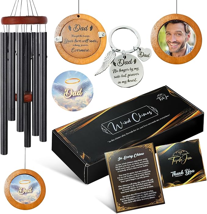 Personalized Memorial Wind Chimes with Custom Photo Pendant & Letter from Heaven | Sympathy Gift for Loss of Loved One, 32-Inch Outdoor Chime for Remembrance (Father)