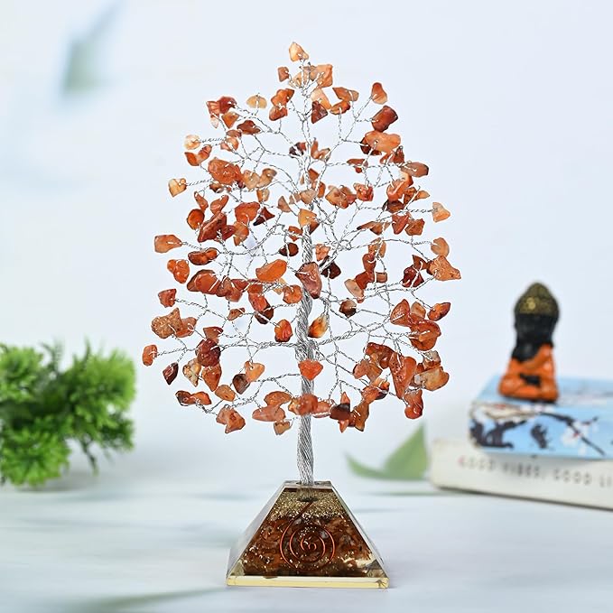 Carnelian Crystal Tree with Orgone Pyramid Base Orange Desk Decor Healing Crystals Bonsai Tree Orange Gifts for Women Office & Shelf Home Room Decor For Mom Sister Girlfriend Present Housewarming