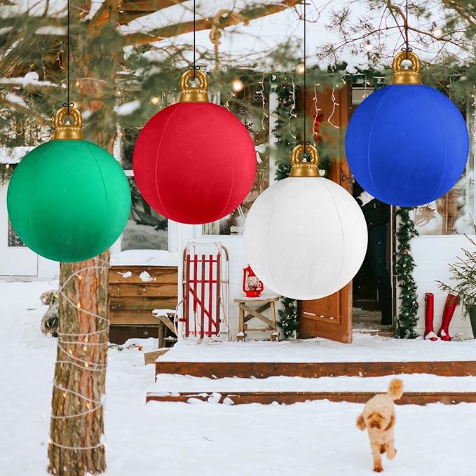 Velvet Inflatable Ornaments Balls Outdoor 4Pcs - 24 Inch Large Inflatable Christmas Ornaments, Reusable Blow Up Christmas Decorations for Yard | Tree | Indoor