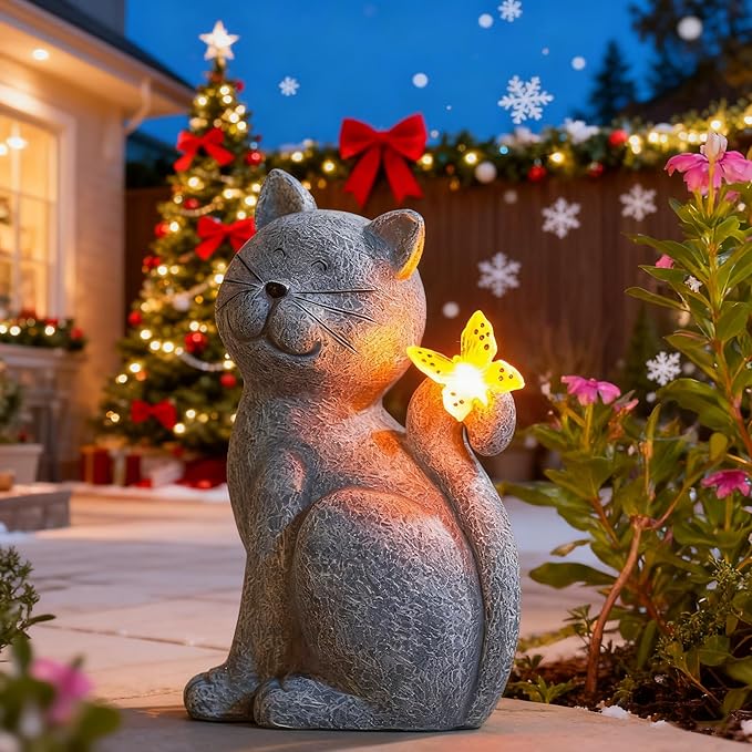 Nacome Cat Outdoor Statues for Garden: Outside Decor with Butterfly Clearance for Yard Art Lawn Ornaments Porch Patio Balcony Home House for Grandma Mom Women
