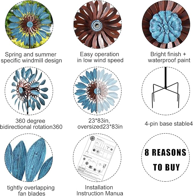 Garden Wind Spinners 360°, Outdoor Metal Windmill Yard Spinners Large 84 in Height 22 in Dia Dual Direction Dual Rotors Wind with Kinetic, Wind Spinner Outdoor Clearance for Yard and Garden Art Decor