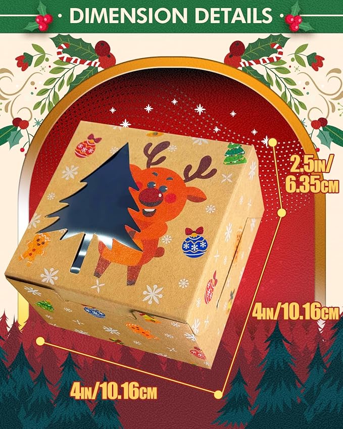 qiqee Christmas Shoes Bakery Boxes with Window 60pcs 4x4x2.5 Mini Cookie Boxes Macaron Boxes Small Donut Pastry Boxes for Christmas