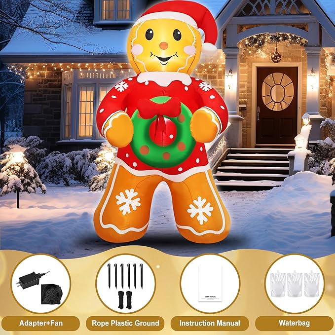 Christmas Gingerbread Man Inflatable Decoration 5.6 FT Outdoor Holiday Yard Decor with Santa Hat and Wreath, Perfect for Lawn, Garden, Party or Indoor Holiday Display